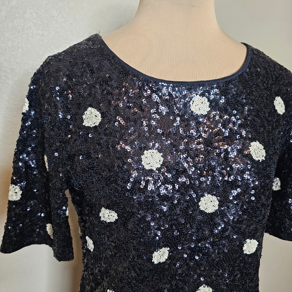 J.Crew Womens Black White Polka Dot Sequin Short Sleeve Top Small - Picture 3 of 8